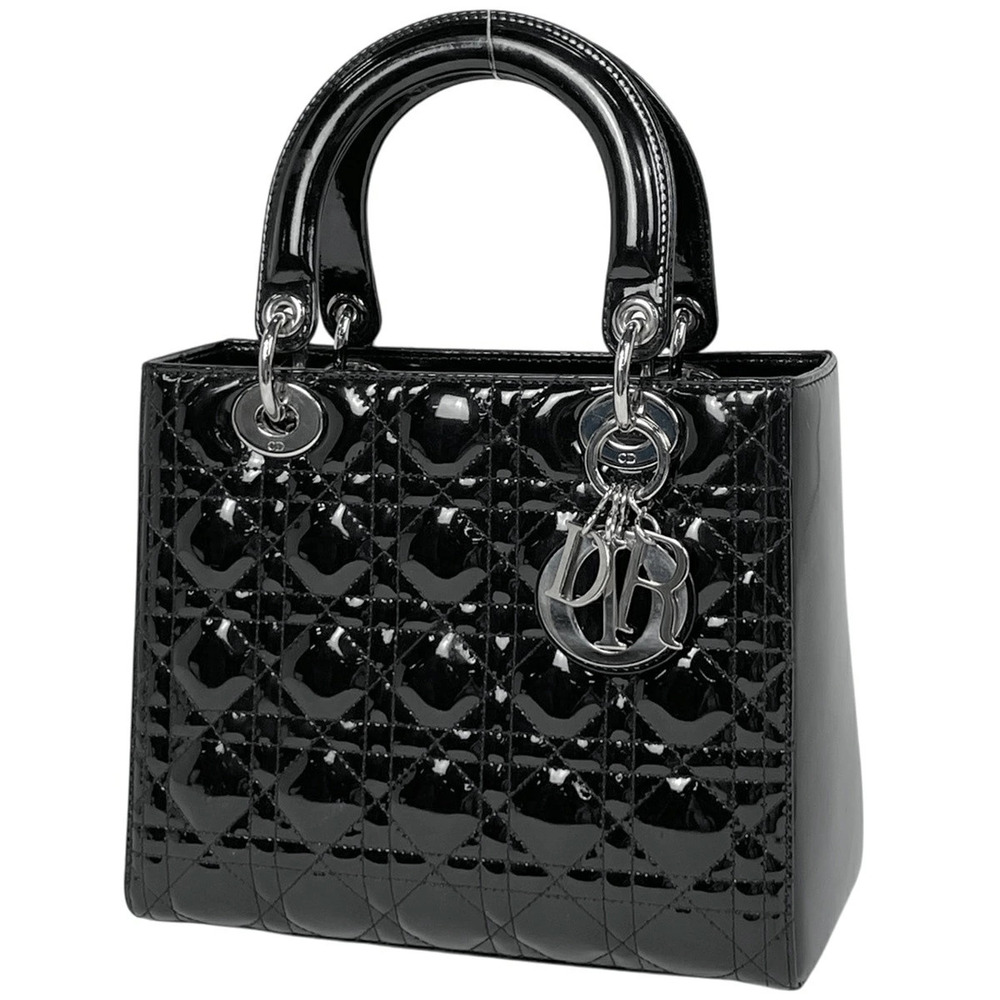 Christian Dior Lady Cannage Enamel Handbag Patent Vernis Leather Black